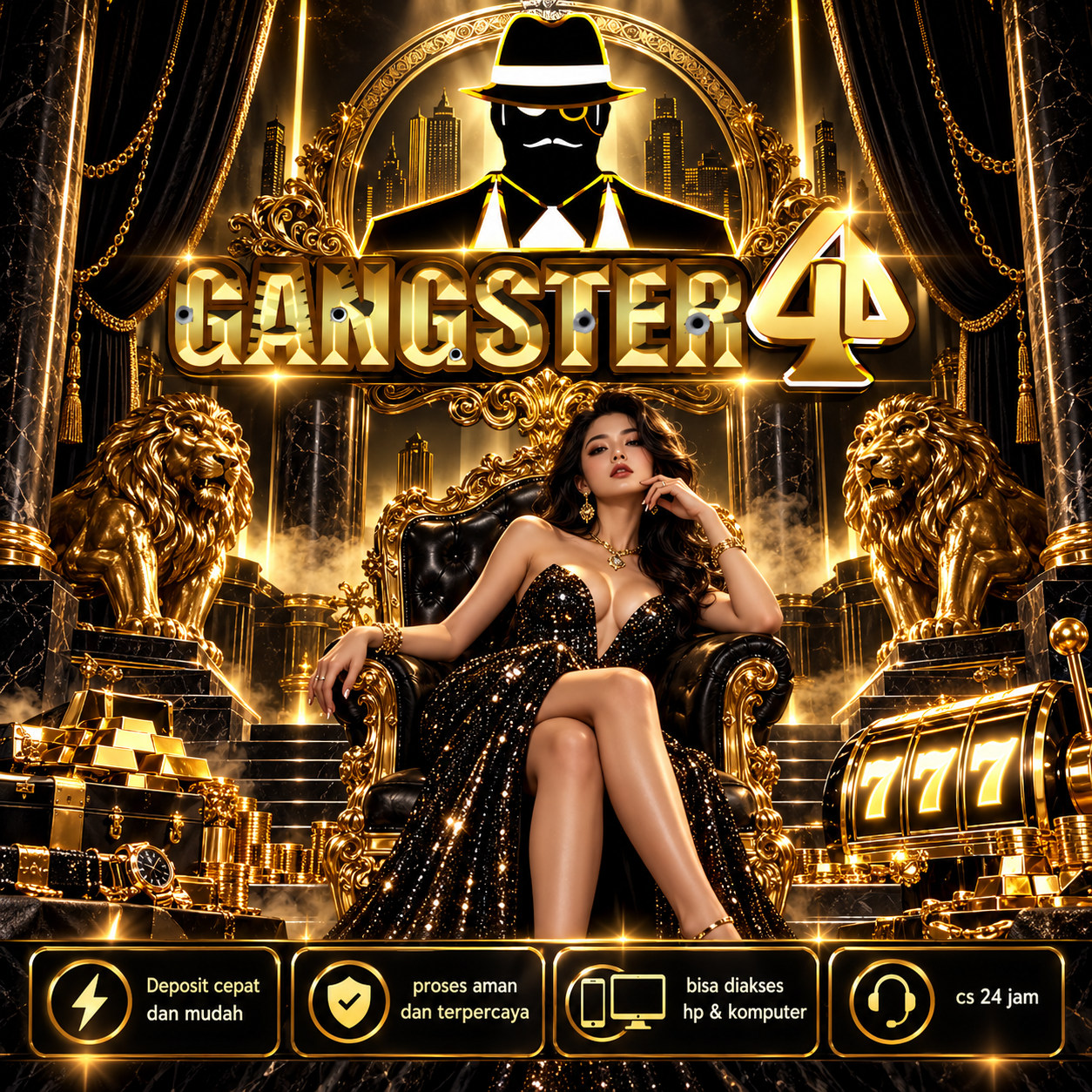 Poster GANGSTER4D hitam dan emas, tokoh duduk di antara singa dekoratif